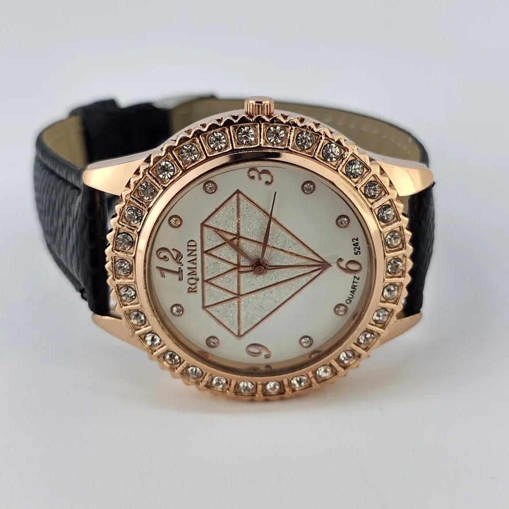 41MM Women Watch Cream Dial‎ Crystal Bezels Black Faux Leather Bands NEW Battery
